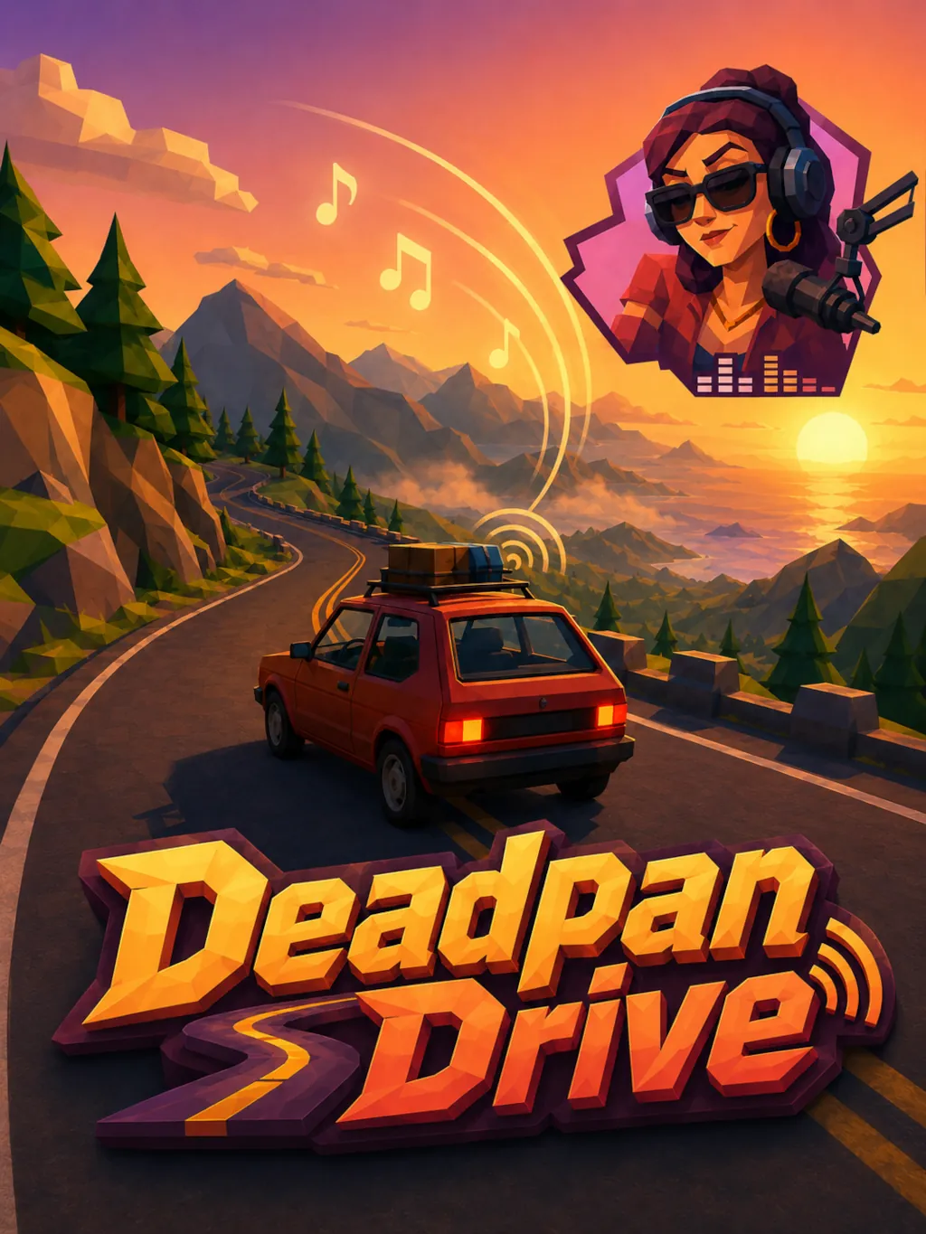 Low poly car on a mountain road at sunset with the radio DJ in Deadpan Drive, an Indie Game Pass drop concept