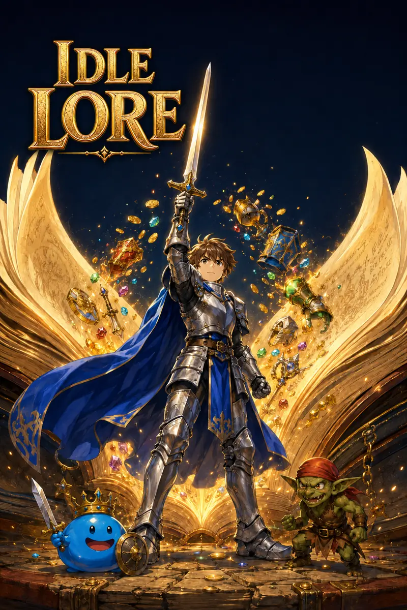 Knight raising his sword before a giant book overflowing with treasure, a slime and a goblin at his side, cover art for the idle RPG Idle Lore, the first Indie Game Pass drop, on sale in the store