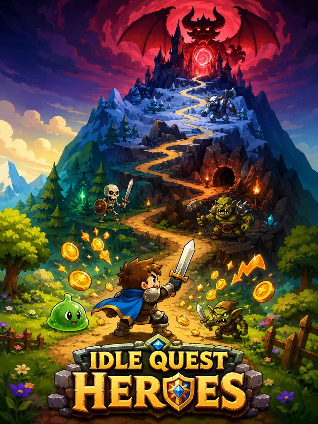 Hero facing goblins and a slime on a trail to a demonic castle in the idle RPG Idle Quest Heroes, an Indie Game Pass drop concept