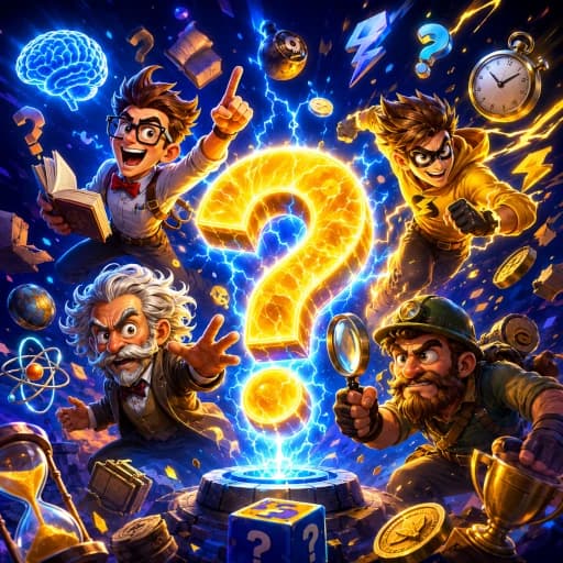 Quiz game art with characters and golden question marks, an Indie Game Pass drop concept